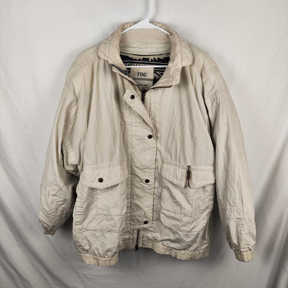 Vintage London Fog Jacket Mens XL Beige Nylon Windbreaker Elastic Hem Lined 80s